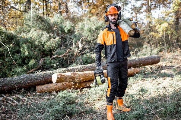 专业伐木工人在森林中伐木 — 图库照片