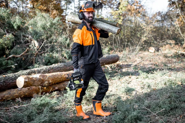 Ormanda ağaç kesen profesyonel bir oduncu. — Stok fotoğraf