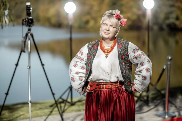 Woman in ukrainian national dress on the red carpet