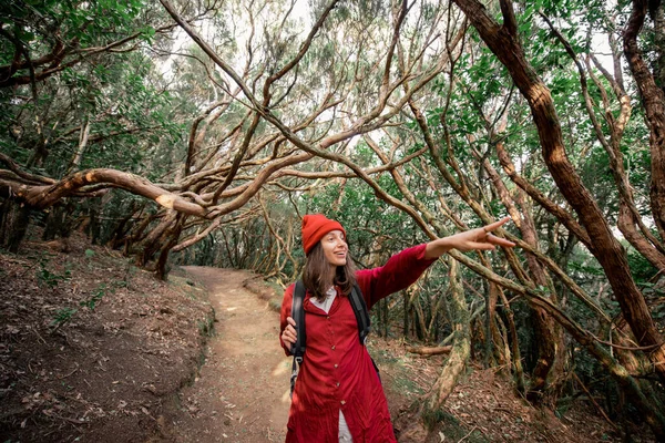 Woman hiking in the rainforest — Stockfoto