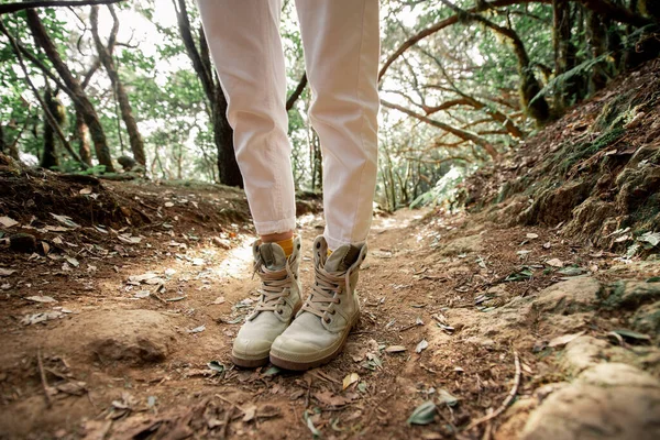 Woman trekking on the forest footpath — Stockfoto