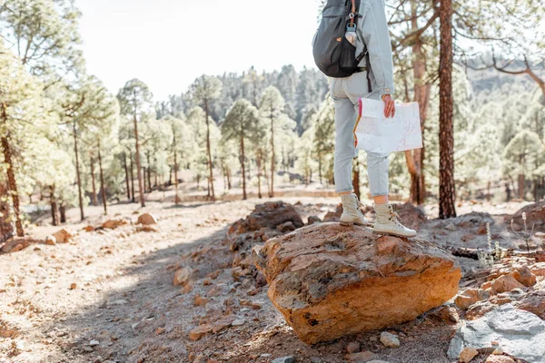 Mujer senderismo en el bosque — Foto de Stock