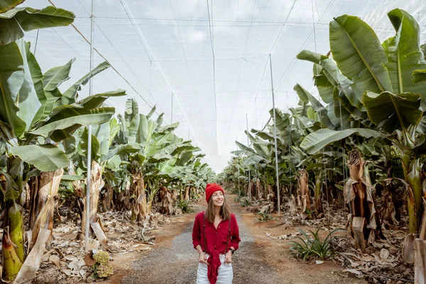 Woman walking on the bannana plantation — Stockfoto