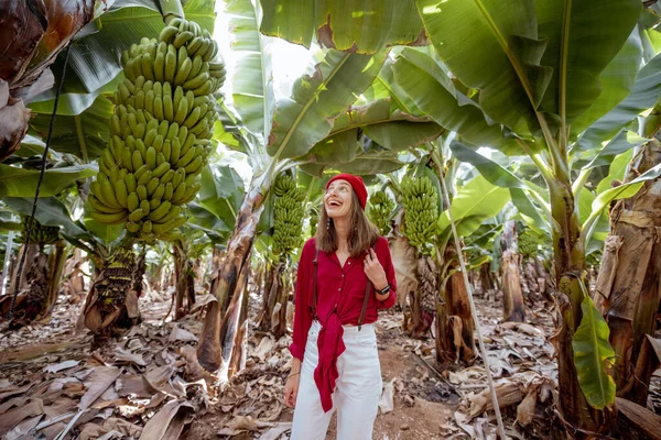 Mujer en la plantación de plátanos con una rica cosecha — Foto de Stock