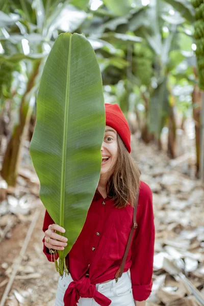 Beautiful woman with banana leaf on the plantation — 图库照片
