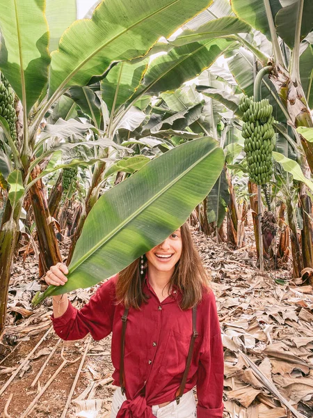 Woman with banana leaf on the plantation — 图库照片