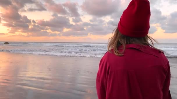 Carefree woman on the beach at dusk — Stockvideo