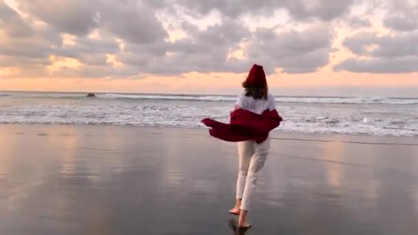 Donna spensierata sulla spiaggia al tramonto — Video Stock