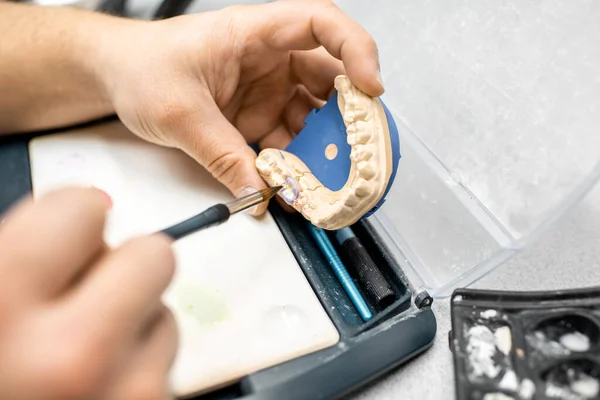 Зубной техник раскрашивает зубной протез — стоковое фото