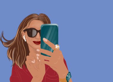 Parlak bir arka planda telefonu olan şık bir kadının tasviri