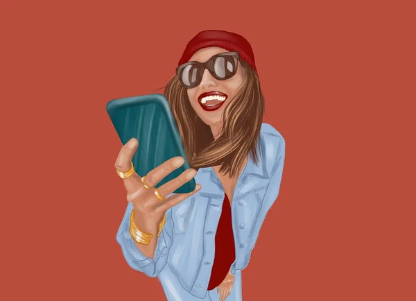 Ілюстрація жінки зі смартфоном на червоному тлі — стокове фото