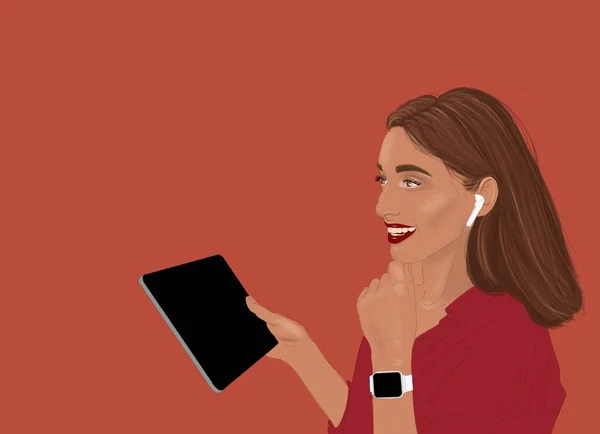 Иллюстрация стильной женщины с цифровым планшетом на ярком фоне — стоковое фото