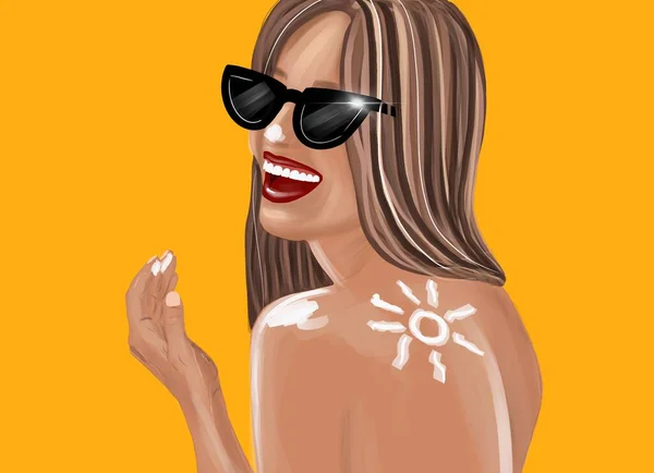 Brigth illustration of a woman with sunscreen lotion — Stock Photo, Image