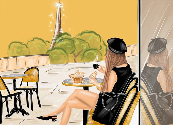 Illustration einer Frau im französischen Café — Stockfoto