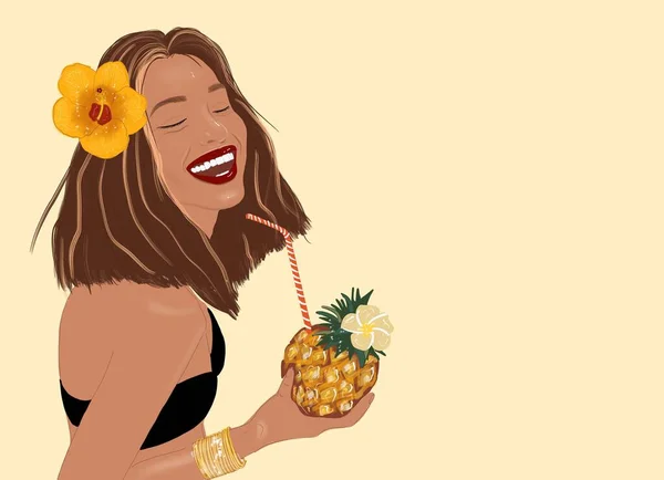 Illustration of a beautiful woman with exotic cocktail on a bright backgorund — Stock Photo, Image