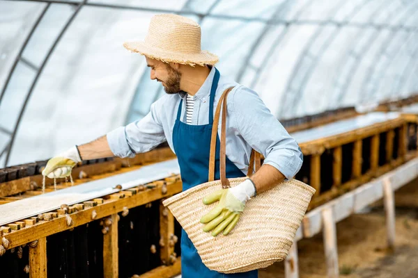 Man werkzaam op een boerderij voor de slakhouderij — Stockfoto