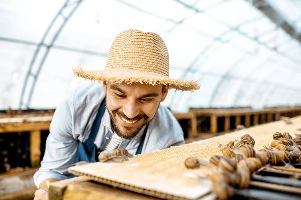 A gazdaságban csigákkal dolgozó mezőgazdasági termelő — Stock Fotó