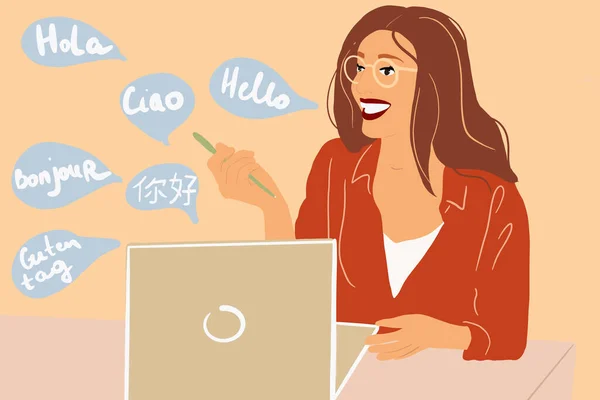 Женщина учит иностранные языки онлайн — стоковый вектор