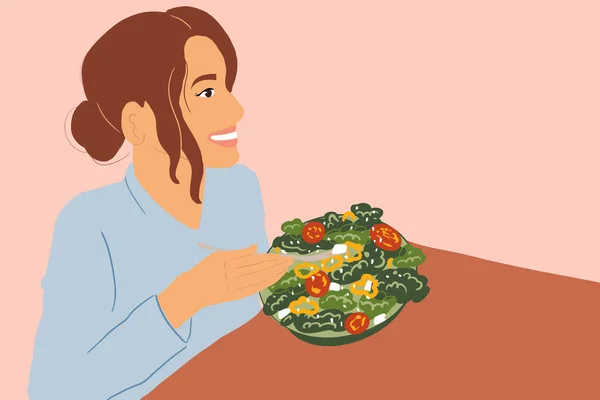 Жінка їсть здоровий салат — стоковий вектор