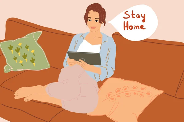 Woman with a tablet on the couch at home — Stock Vector