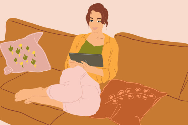 Woman with a tablet on the couch at home — Stock Vector