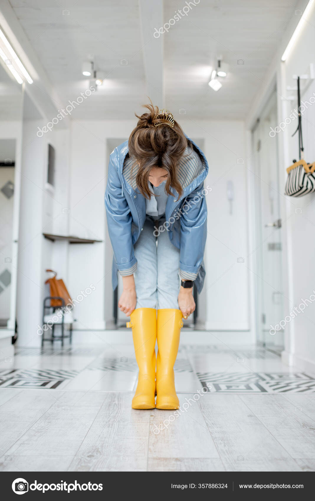 Raincoat Women Wearing Rain Boots Beautiful Girl Wearing Yellow