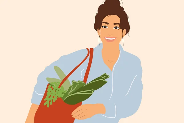 Mulher de pé com um saco de compras cheio de legumes e verduras frescas — Vetor de Stock