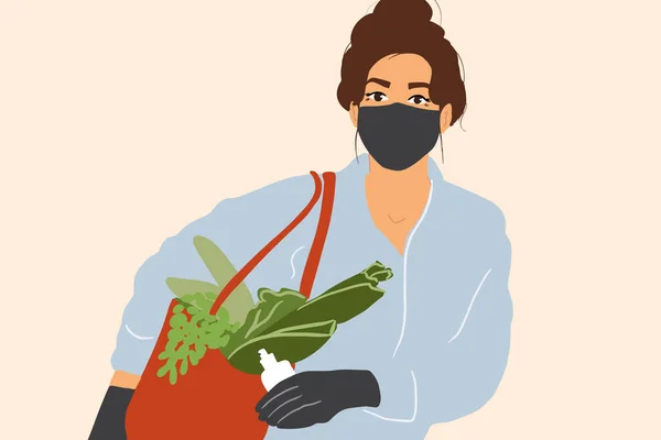 Mujer con máscara médica y guantes con bolsa llena de comida fresca — Archivo Imágenes Vectoriales