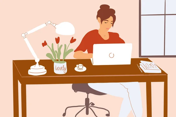 Жінка працює на ноутбуці в затишній офісній атмосфері — стоковий вектор