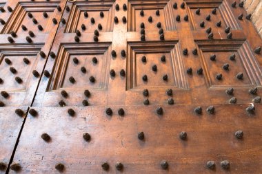 SIENA, İtalya - 13 Mart 2018: Siena, İtalya 'da Torre del Mangia' nın içindeki süslü ahşap bir kapının geniş açılı resmi