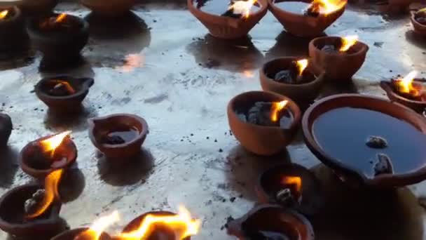 Oil Lamp Made Soil Called Diya Deepak Burning Many Temple — Stock Video