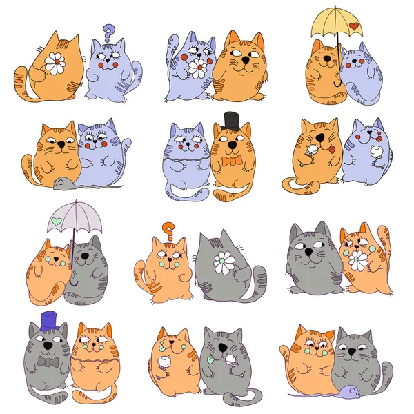 Vector Painted Multicolored Cats Engaged Various Activities White Background — Stock Vector