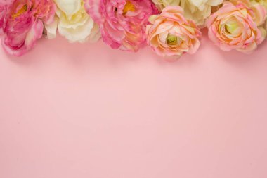 Şakayık çiçekleri pembe arka planda yukarıdan geliyor. Test için yer, kadınlar günü, bahar, doğum günü