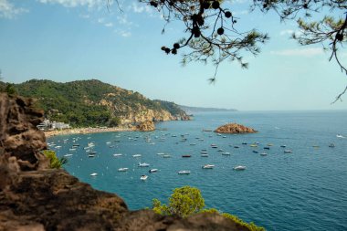 Akdeniz 'in güzel bir körfezinde yeşil bitki örtüsüyle kayıklar, yatlar ve teknelerle Rocky sahili.