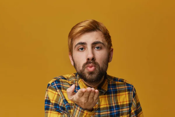 Handsome Guy Flirting Girl Blowing Kiss Wearing Checkered Yellow Shirt — Stock Photo, Image