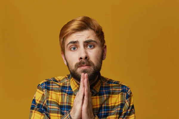 Portrait Serious Young Bearded Male Keep His Palms Together Prays — Stock Photo, Image