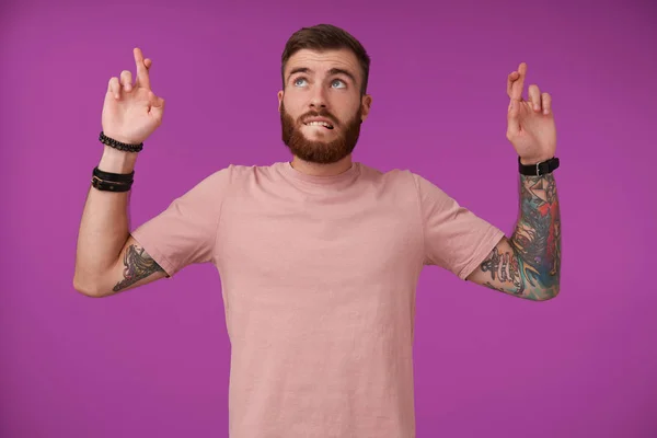 Portrait of handsome young bearded brunette male with tattooes and short haircut standing over purple background, looking upwards and biting underlip, crossing fingers and hoping for better — Stock Photo, Image