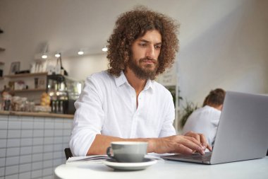 Kahverengi kıvırcık saçlı genç ve çekici bir iş adamı, kafenin içinde poz veriyor, modern bilgisayarla ofis dışında çalışıyor, monitörlere dikkatlice bakıyor.