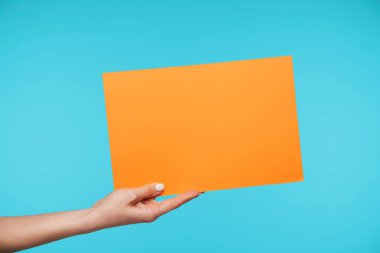 Mavi arka plan üzerinde izole edilmiş, büyük turuncu zarf A4 formatında A4, önemli bir mektup teslim eden genç bayan.