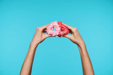 Güzel bir kadının mavi arka planda poz verirken başka bir donut yiyen Pac-man çöreği gibi poz verdiği kapalı çekimler. Eller ve el kol hareketi kavramı