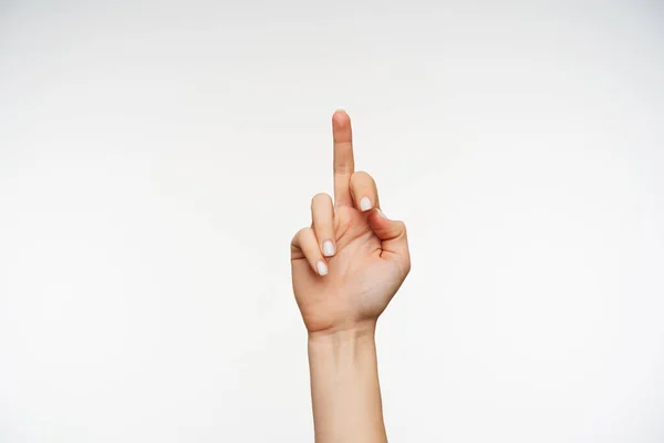 Attractive Young Woman Hand Showing Negative Emotions Forming Fuck Sign — Stock fotografie