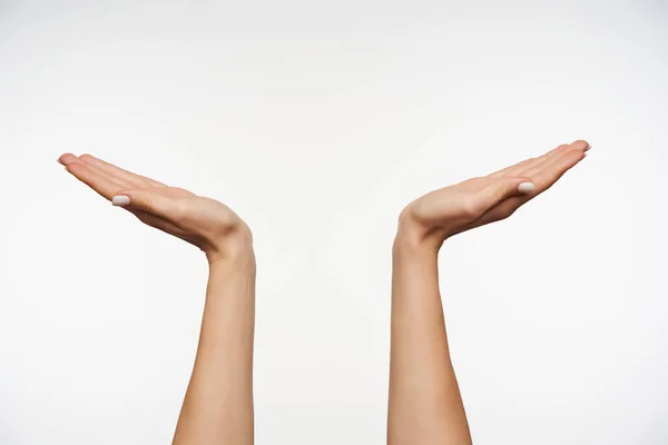 白い背景に白いマニキュアで若い女性のかなり上げ手の閉鎖は 手のひらを上げて維持します 人間の身体言語とジェスチャー — ストック写真
