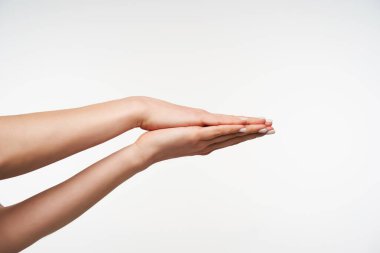 Beyaz arka planda poz verirken avuçlarını kavuşturan zarif genç kadınların yan görüntüsü. İnsan jestleri ve vücut dili kavramı