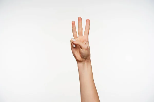 Widok Tyłu Dłoni Młodej Kobiety Wykazującej Oznaki Liczenia Palcami Tworząc — Zdjęcie stockowe