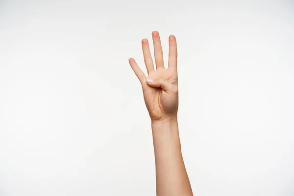 Horizontal Shot Raised Young Pretty Lady Hand Showing Four Fingers — Stock Photo, Image