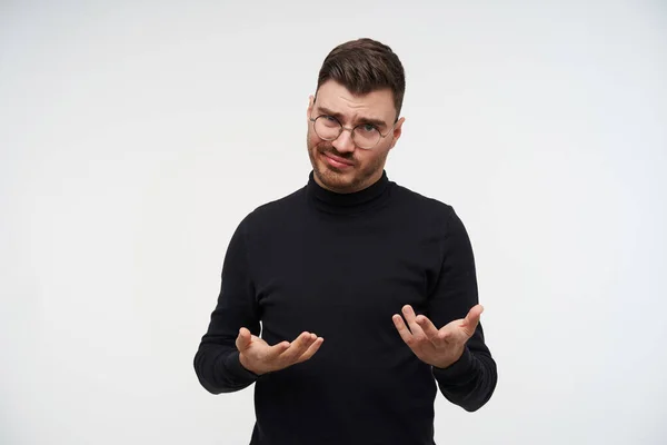 Confused Young Short Haired Brunette Guy Eyewear Folding His Lips — Stock Photo, Image