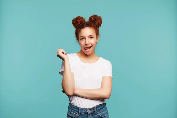 Flirty Young Attractive Curly Woman Bun Hairstyle Looking Jocosely Camera — Stock Photo, Image