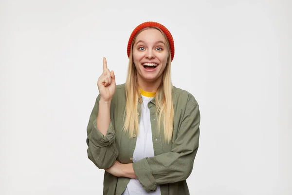 Agité Jeune Jolie Femelle Tête Blanche Levant Index Avec Excitation — Photo