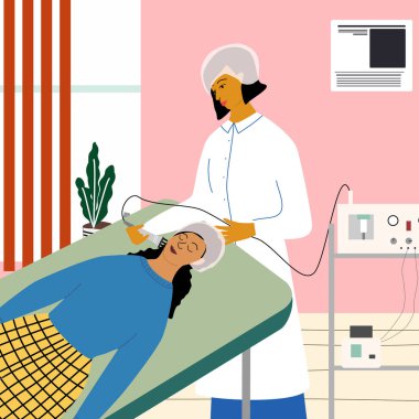 Kozmetoloji, dermatoloji konsepti. Güzellik kliniğindeki kadın için radyo frekansı yüz bakımı yapan bir dermatolog. Kırışıklık önleyici ve yenilenme prosedürü. Kozmetik ekipmanları. Düz vektör illüstrasyonu