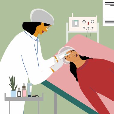 Kozmetoloji, dermatoloji konsepti. Dermatolog klinikte kadın yüzüne güzellik iğnesi ya da dolgu yapıyor. Kırışıklık önleyici, yaş karşıtı, gençleştirme prosedürü. Düz vektör illüstrasyonu